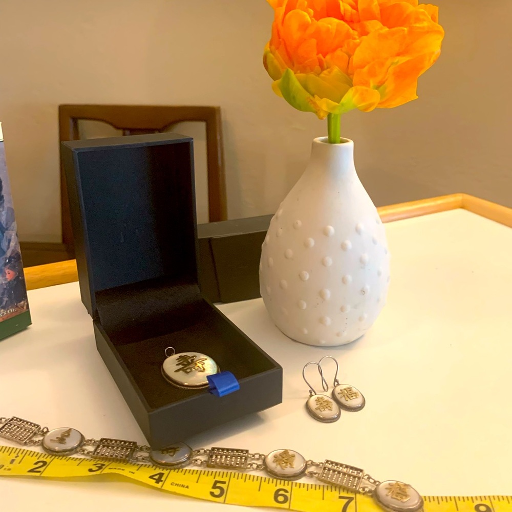 Antique, beautifully crafted, silver set (3 pieces) with  gold inscriptions